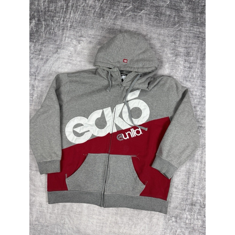 Ecko‎ Unltd Sweatshirt Mens 2XL Gray Vintage Y2K Full Zip Big Spell Out 2 Toned